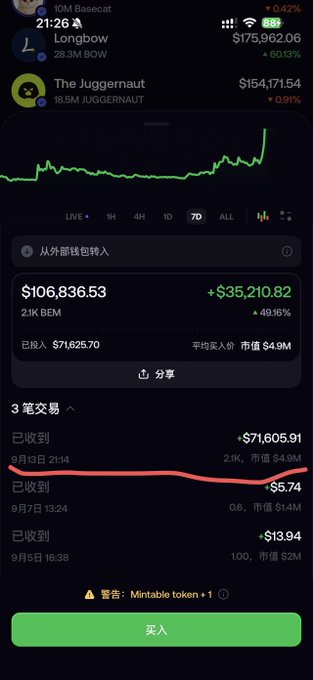 A mobile cryptocurrency trading app displays a token named 'BEM' with a current price of $106,836.53 and a 49.16% increase, along with a 7-day price chart and recent transaction history.