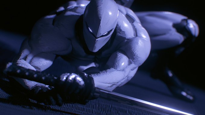 A detailed 3D render or figurine depicts a muscular armored character in a dynamic crouching pose, gripping a sword with both hands in a dimly lit, blue-toned setting.