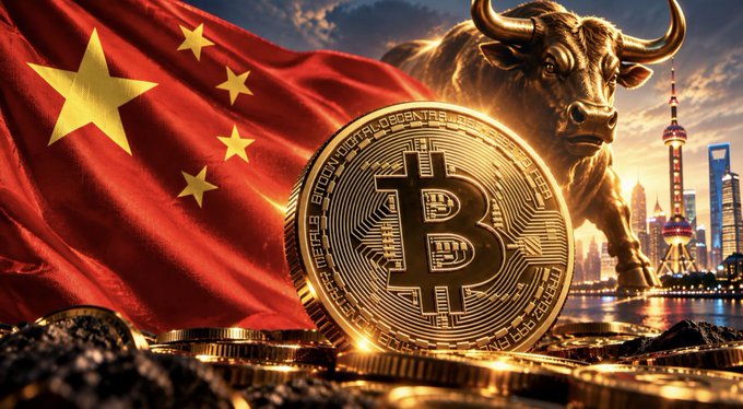 A golden Bitcoin coin stands prominently in front of a waving Chinese flag, a charging bull, and the Shanghai skyline, symbolizing the prospect of China lifting its cryptocurrency bans by the end of 2026 and fueling anticipation of a massive bull run. The coin's inscription reads "Bitcoin Digital Decentralized" along with "Fine Bitcoin Coin," reinforcing the bullish narrative tied to Chinese market re-entry.