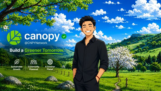 An anime-style promotional image for 'canopy' (@CNPYNetwork) featuring a smiling young man in a black shirt against a green pastoral landscape, with the tagline 'Build a Greener Tomorrow' and three pillars: Sustainable Growth, Community Powered, and A Greener Planet.