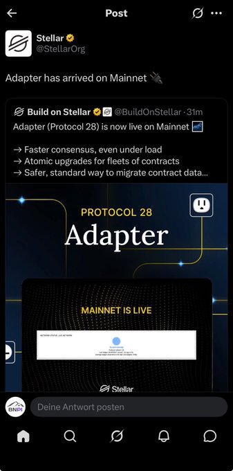 A screenshot of a Twitter post from Stellar (@StellarOrg) announcing "Adapter has arrived on Mainnet," with a quoted tweet from @BuildOnStellar promoting Protocol 28, which includes faster consensus, atomic upgrades for contract fleets, and safer contract data migration.

The image, showing Stellar's Protocol 28 ("Adapter") going live on Mainnet, seems to contrast with the caption's message about the Pi Core Team's caution against rushing — highlighting how Stellar took time to develop this major protocol upgrade before release, rather than publishing information prematurely.