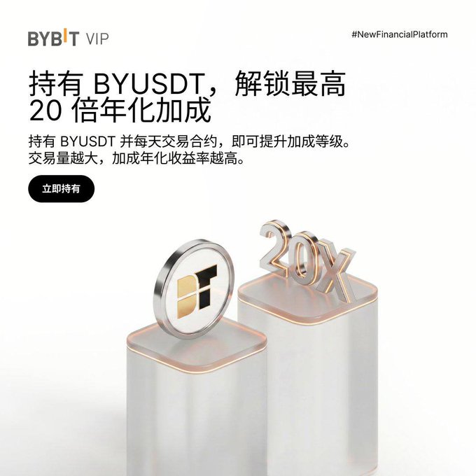 A promotional advertisement for BYBIT VIP featuring text in Chinese about holding BYUSDT to unlock up to 20x annualized yield bonus, with a 'Hold Now' button and 3D renderings of a coin and '20X' display.
