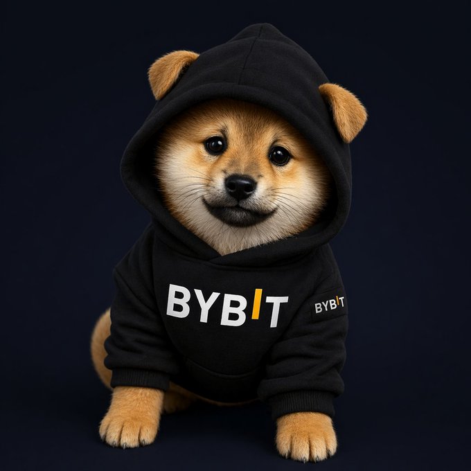 A Shiba Inu puppy wearing a black hoodie featuring the 'BYBIT' cryptocurrency exchange logo against a dark background.
