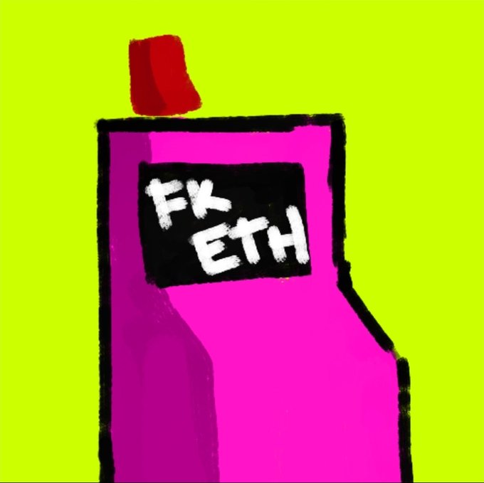 A bright neon illustration shows a pink bottle with a red cap against a yellow-green background, featuring a black label with the hand-drawn text "FK ETH." The crude, meme-style artwork humorously expresses frustration with Ethereum (ETH), aligning with the post's commentary that mocks or criticizes the ETH community via the "@btcordinal" Bitcoin Ordinals reference.