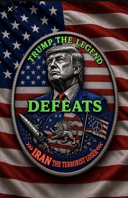 A political commemorative coin displayed against an American flag background, featuring a portrait of Donald Trump with the text 'TRUMP THE LEGEND DEFEATS IRAN THE TERRORIST LOSER.'