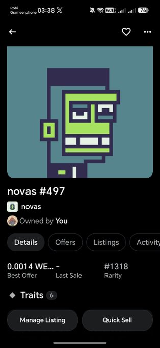 A mobile screenshot of an NFT marketplace listing for 'novas #497' showing a pixel art character, with details including a 0.0014 WE... best offer, #1318 rarity, and 6 traits.