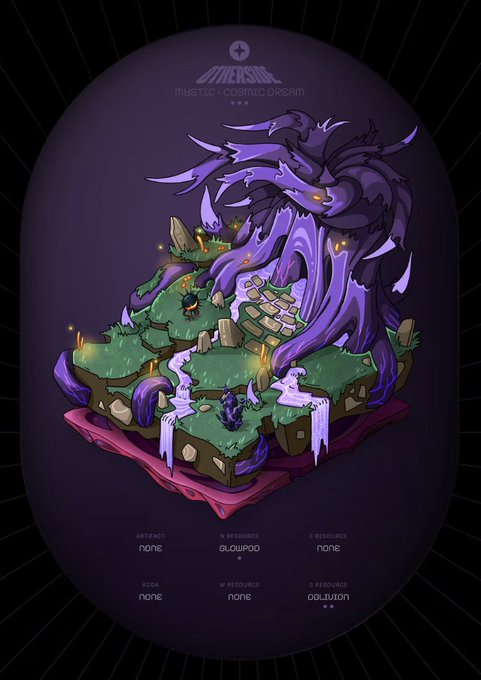 A digital trading card for 'METISOL' titled 'MYSTIC - COSMIC DREAM' featuring a dark purple, tree-like creature over a grassy platform, with stats including 'N RESOURCE: GLOWPOD' and 'S RESOURCE: OBLIVION'.