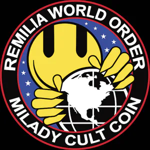 A satirical logo parodying FBI insignia, reading 'REMILIA WORLD ORDER' and 'MILADY CULT COIN,' featuring yellow hands cradling a globe.