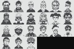 A grid of black-and-white illustrated portraits showing various characters with distinct hairstyles and facial features.