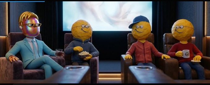 Four anthropomorphic yellow characters wearing glasses sit in plush armchairs in a dimly lit lounge, holding bowls of popcorn and drinks while watching a screen. The casual, relaxed gathering vibe mirrors the post's message of resting and recharging before getting back to building ("GN fam").