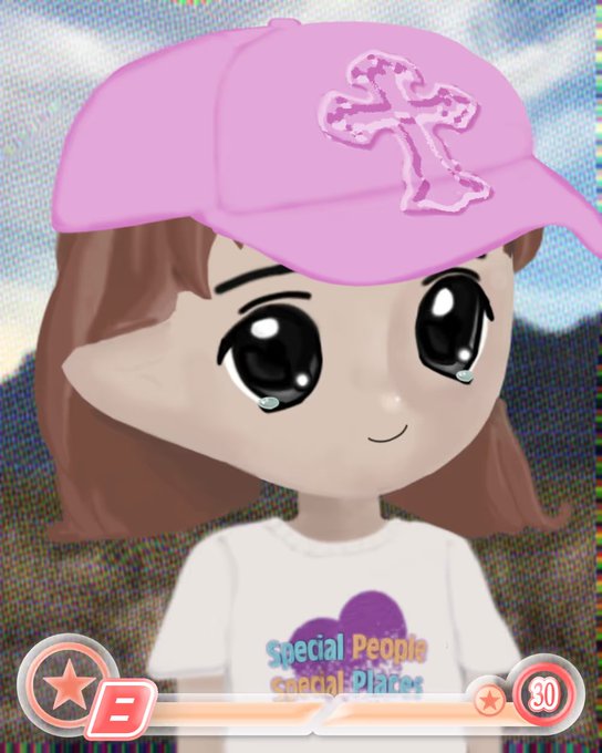 The image depicts a cartoon girl wearing a white t-shirt with a blue heart design, and she has long brown hair. A pink hat decorated with a cross sits atop her head. The caption suggests that special people have access to a local shop where they can purchase a pink cap for $1.00 each, but due to the current lack of available caps in the market, there are no pink hats currently on sale at this location.