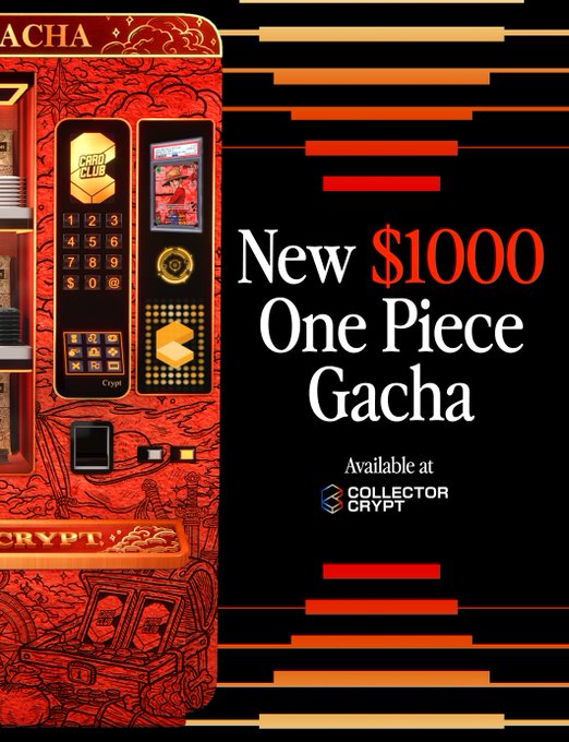 Promotional image for a new $1000 "One Piece" Gacha machine available at Collector Crypt, advertised in response to a post asking if anyone has $1000 to test something — connecting the user's request to this high-stakes gacha purchase opportunity.