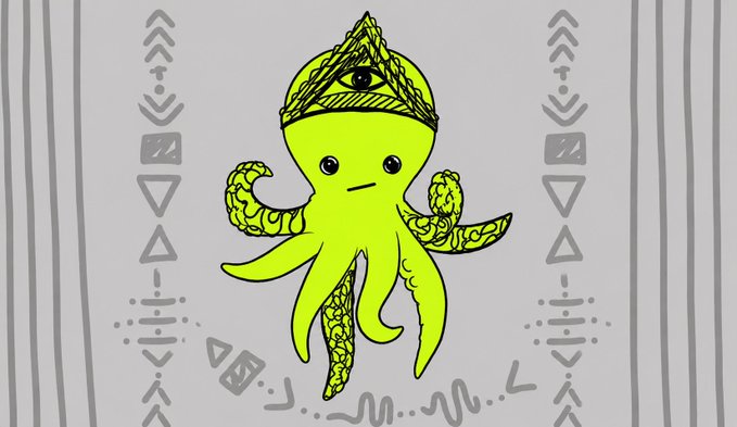 A cartoon yellow octopus wearing a golden crown adorned with an "all-seeing eye" emblem, flanked by symmetrical ancient-style symbols and runic markings, visually promoting the announcement of the $OCTO token airdrop for OctosHood holders. The image reinforces the post's message by tying the mythical, mystical aesthetic to the upcoming crypto token distribution.