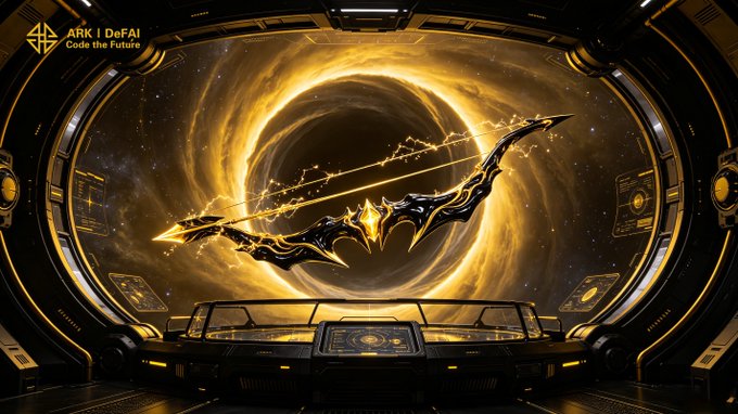 A futuristic sci-fi bow weapon glows with golden energy inside a circular spacecraft window overlooking a swirling cosmic vortex, with "ARK | DeFAI - Code the Future" displayed in the top-left corner. The image's aim-and-execute weaponry imagery visually reinforces the post's message about precision, intent, and action through Arkie AI Agents within the ARK ecosystem.