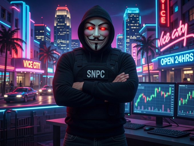 A figure in a black hoodie and Anonymous mask with glowing red eyes stands with arms crossed, wearing a vest labeled 'SNPC', in a neon-lit 'Vice City' setting with trading monitors displaying candlestick charts in the background.