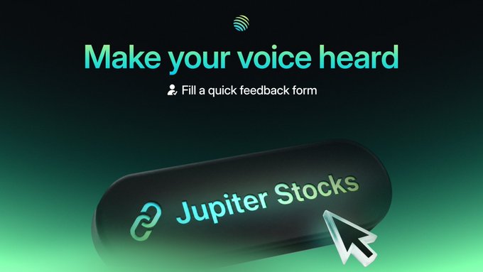A promotional graphic featuring a 3D-styled "Jupiter Stocks" button being clicked by a cursor, with the headline "Make your voice heard" and a call-to-action to "Fill a quick feedback form," inviting users to share feedback on Jupiter's new stock trading page preview.