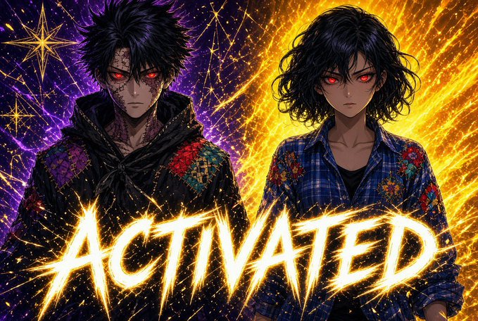 An anime-style promotional illustration showing two dark-haired characters with glowing red eyes against a split purple-and-gold starry background, overlaid with the word 'ACTIVATED' in glowing yellow text.