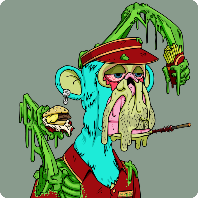 A cartoon illustration of a zombie-like fast food worker with blue skin, a red visor, and green slime, holding a dripping burger and fries, with a bug on its ear and bloodshot eyes.