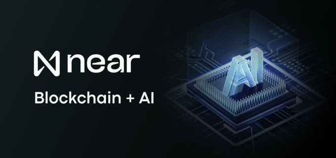 The image features a black background with white text that reads "NEAR Blockchain + AI". Below this, there are two blue squares stacked on top of each other, which appear to be computer chips or circuit boards. The text also mentions that $NEAR has shifted into a more development-focused phase and highlights key drivers for the ecosystem such as chain abstraction, NEAR Intents, and AI-focused infrastructure.