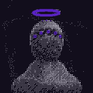 A pixelated halftone-style silhouette of a person's head and shoulders in purple tones features a glowing halo above and glowing purple eyes, on a dark background.