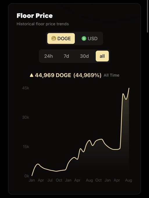 A cryptocurrency price chart for DOGE/USD titled 'Floor Price' showing an all-time increase of 44,969% (44,969 DOGE) with a dramatic price spike.