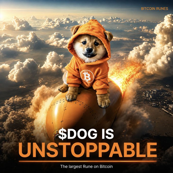 A promotional graphic titled '$DOG IS UNSTOPPABLE - The largest Rune on Bitcoin' featuring a Shiba Inu in an orange Bitcoin hoodie riding a rocket through clouds, labeled 'BITCOIN RUNES' in the top right.