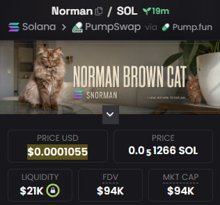 Screenshot of a meme coin listing for 'NORMAN BROWN CAT' ($NORMAN) on Solana via PumpSwap and Pump.fun, showing a price of $0.0001055 USD (0.0₅1266 SOL), $21K liquidity, and a $94K market cap.