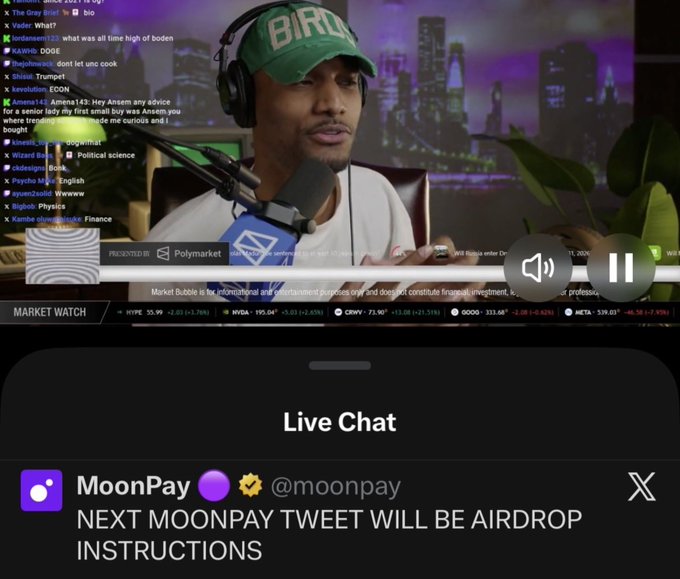 The image shows a live stream featuring a podcaster wearing a green "BIRD" cap speaking into a microphone, with a tweet from MoonPay (@moonpay) displayed below stating "NEXT MOONPAY TWEET WILL BE AIRDROP INSTRUCTIONS," confirming the promotional claim about an upcoming airdrop announcement.