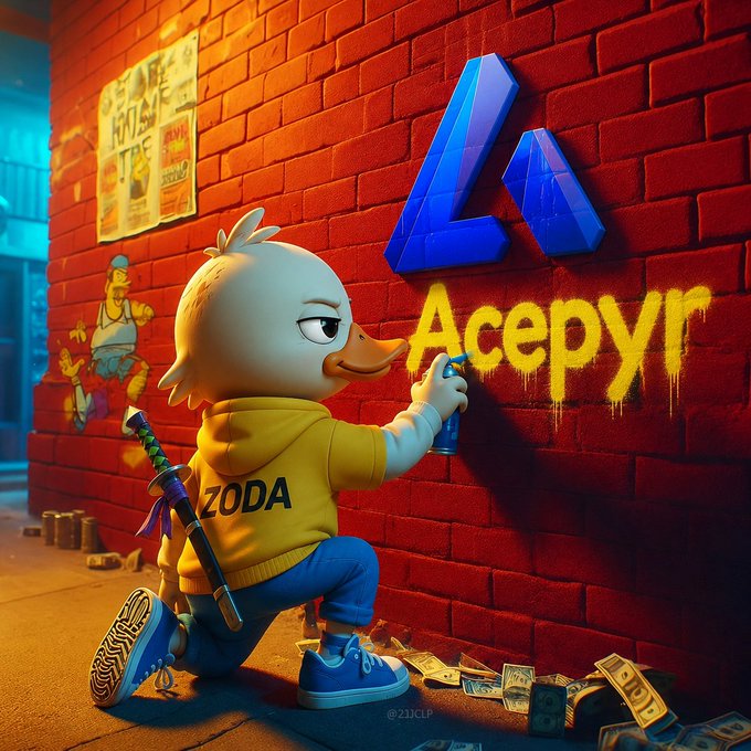 The image features a cartoon duck character wearing a yellow jacket and blue pants, holding a sword and spray paint can while painting graffiti on a red brick wall. The text "The game just changed @acepyr" suggests that the game has been updated or modified in some way, possibly to emphasize the importance of real-world intelligence over virtual intelligence gained through gaming. The character's actions demonstrate how they are using their skills and knowledge to create something valuable rather than simply accumulating points or achievements for a digital score.