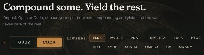 A webpage header reading 'Compound some. Yield the rest.' with options to deposit OPUS or CODA, listing various tokens including PLSX, PWBTC, PDAI, FINVESTA, FUPA, PTGC, UFO, SYDE, SCADA, OMEGA, CV, and SWARM.