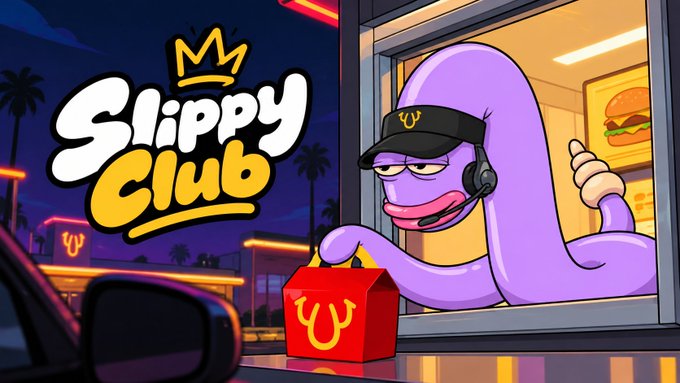 Cartoon-style logo for 'Slippy Club' featuring a purple worm-like character wearing a black cap and headset, handing out a red fast-food bag from a drive-thru window at night.
