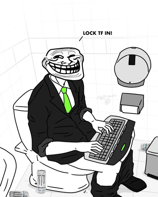 The image features a man sitting on a toilet, using a laptop computer while wearing a suit and tie. There are two cans of beer placed next to him on the toilet seat. The caption "Make money from other memecos Buy more $TROLL" suggests that the man is trying to make money by selling his beer to others in exchange for their contributions.