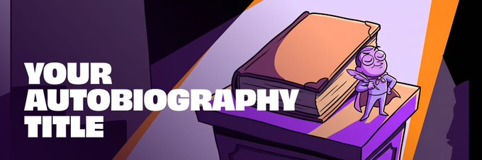 A cartoon image of a purple character leaning against a stack of books with the text 'YOUR AUTOBIOGRAPHY TITLE' on the left.