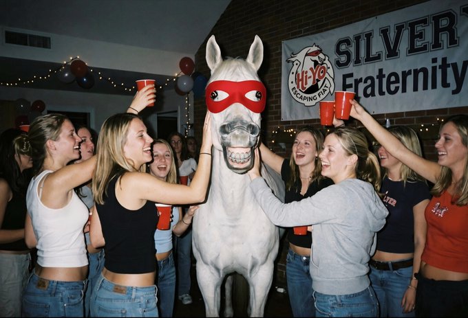 A group of young women at a fraternity party pose with a white horse statue wearing a red mask beneath a 'SILVER Fraternity Hi-Yo' banner.