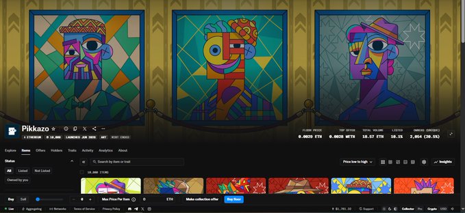 A Pikkazo NFT collection page showing three colorful Picasso-style cubist portrait artworks, with floor price of 0.0029 ETH, top offer 18.57 ETH, and total volume of 2,464 ETH.