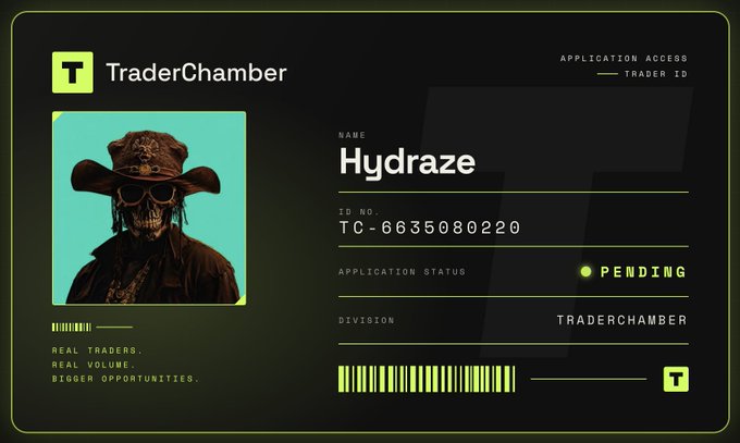 A TraderChamber application access card displays the user "Hydraze" with ID number TC-6635080220 and a pending application status for the TraderChamber division, featuring a skull-faced avatar in a cowboy hat alongside the tagline "Real Traders. Real Volume. Bigger Opportunities." The image visually represents a membership/credentials card for the TraderChamber platform, which connects traders to dealflow opportunities based on their trading volume.