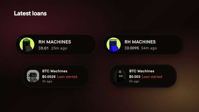 Dark-themed interface displaying 'Latest loans' with four entries: RH MACHINES (฿0.01, 23m ago; ฿0.0095, 54m ago) and BTC Machines (฿0.0028, Loan started 3h ago; ฿0.003, Loan started 5h ago).