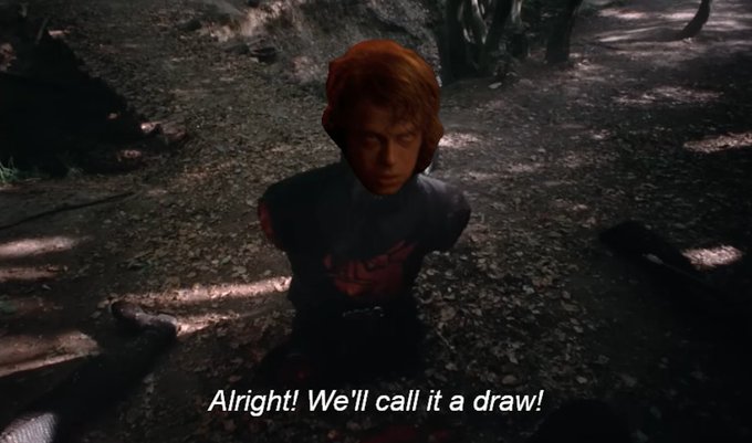 The image features a man with an orange head, dressed as a character from Star Wars or another movie franchise. The man appears to be kneeling down, possibly in a forest setting, as indicated by the presence of trees around him. Below his head is text that reads "Alright! We'll call it a draw!" This suggests that the image has been generated using an AI-powered tool and might not represent a real scene or person accurately.