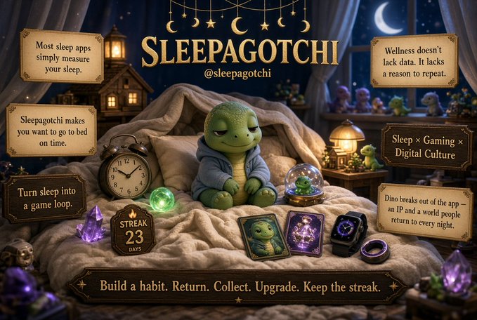 Promotional artwork for 'Sleepagotchi' features a cute green dinosaur character sitting on a bed with a sleep streak of 23 days, surrounded by various lifestyle tags like 'Sleep × Gaming × Digital Culture.'