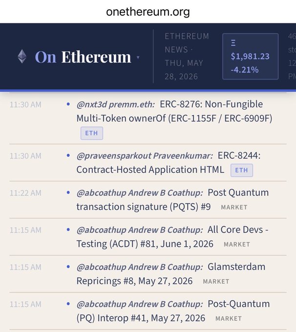 This screenshot captures an overview of a crypto-newsfeed provided by OnEthereum.org. The feed lists multiple ongoing developments, including information about cryptocurrency projects, updates from Ethereum's developer team, and price lists for various cryptocurrencies like Ethereum itself. However, the price list is not updated with current market prices; it only displays historical data or project information without the actual value of Ether. This might be due to the fact that the feed is specifically designed to showcase news related to cryptocurrencies rather than providing live market prices. The post reads: "My OnEthereum newsfeed shows the multitude of continued developments, while the pricing is out of touch with reality." It seems to be an opinion or personal perspective on the content from the user who shared it on social media platforms like Twitter and Instagram.