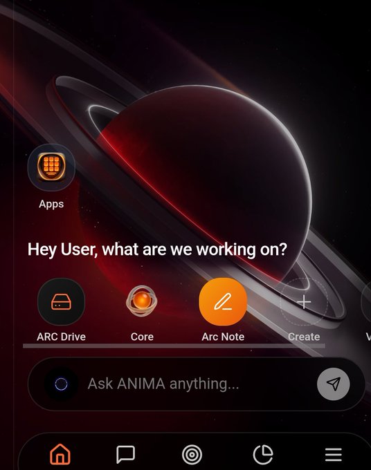 The image shows an app screen with a red planet displayed at the center, surrounded by various icons representing different apps or features. The main focus of the image is the @quipnetwork app icon, which is located near the bottom right corner. The text on the image reads "Hey User, what are we working on?" and there's an additional line that says "ask ANIMA anything..." This suggests that someone might be asking about the functionality or purpose of the @quipnetwork app.