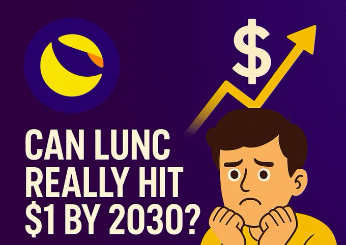 A purple thumbnail asks 'CAN LUNC REALLY HIT $1 BY 2030?' featuring the LUNC cryptocurrency logo, an upward arrow with a dollar sign, and a cartoon man looking worried.