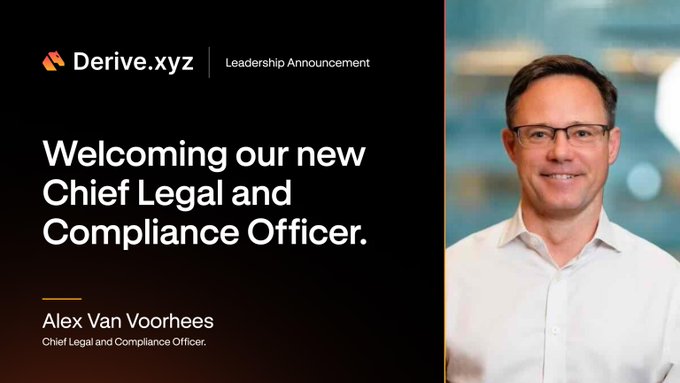 A leadership announcement from Derive.xyz welcoming Alex Van Voorhees as their new Chief Legal and Compliance Officer.