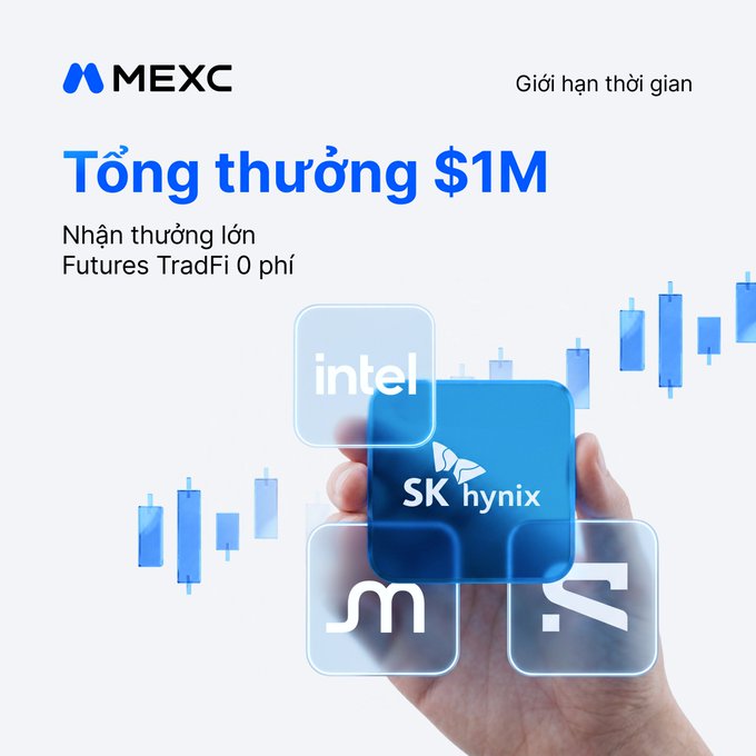 MEXC promotional banner advertising up to $1M in total rewards with a "Nhận thưởng lớn Futures TradFi 0 phí" tagline, featuring floating tiles displaying stock tickers like SK hynix and Intel alongside candlestick chart graphics to promote their new user RealStocks event.