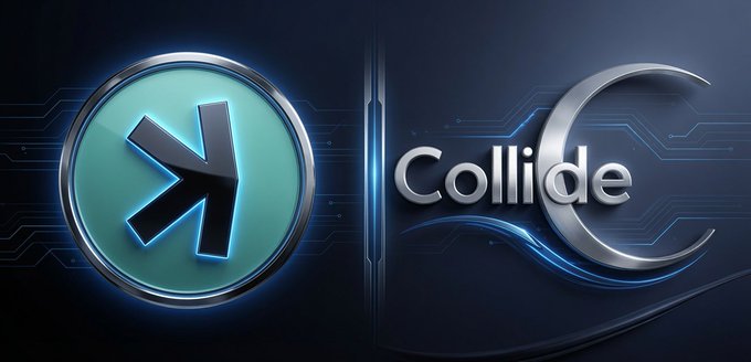 The image features a stylized "Collide" logo with a teal arrow icon in a circular badge on the left and silver "Collide" lettering on the right, set against a dark blue circuit-board background. This branding aligns with the post's discussion of Kaspa's technical positioning as a modernized proof-of-work chain, reflecting Collide's analytical coverage of competitive technology narratives awaiting market validation.