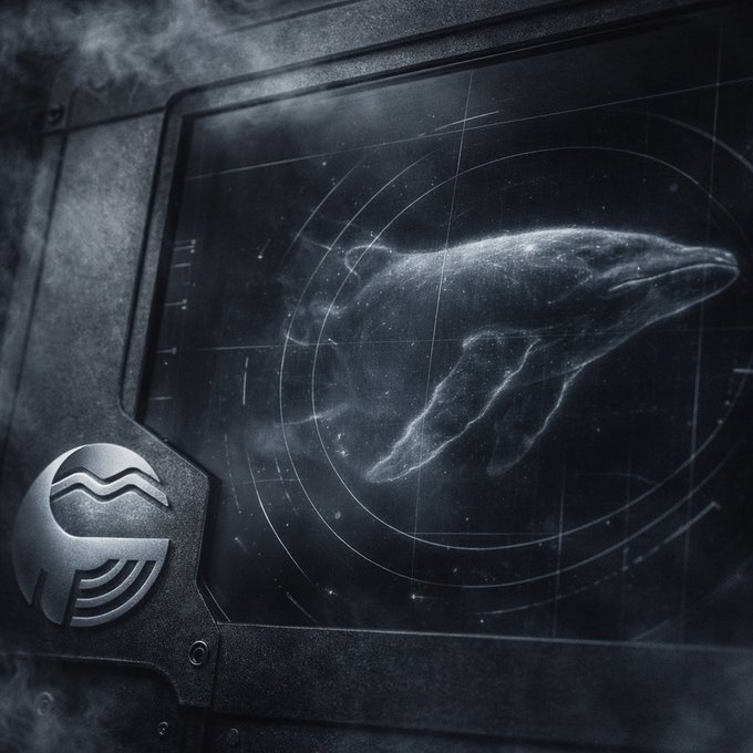 A futuristic, grayscale monitor displays a sonar or radar-like scanning interface tracking a large, whale-like digital creature, complete with a metallic logo in the corner.