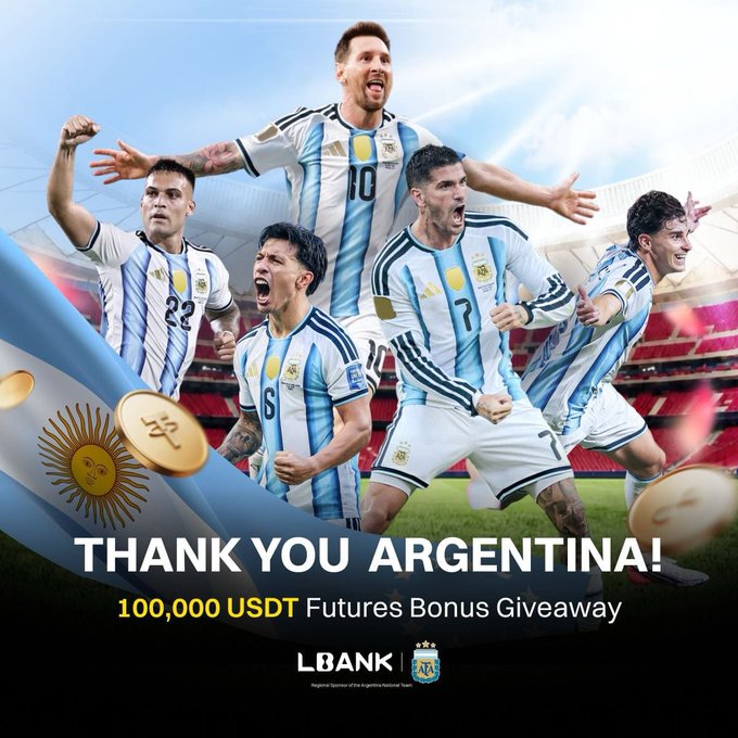 A promotional image features Argentina's national football team in their iconic blue and white striped jerseys celebrating, with visible player numbers including #10 (Messi), #23, #6, and #7. The text reads "THANK YOU ARGENTINA! 100,000 USDT Futures Bonus Giveaway" alongside the LBank logo and AFA (Argentine Football Association) crest, aligning with LBank's expanded community reward campaign celebrating Argentina's tournament run.
