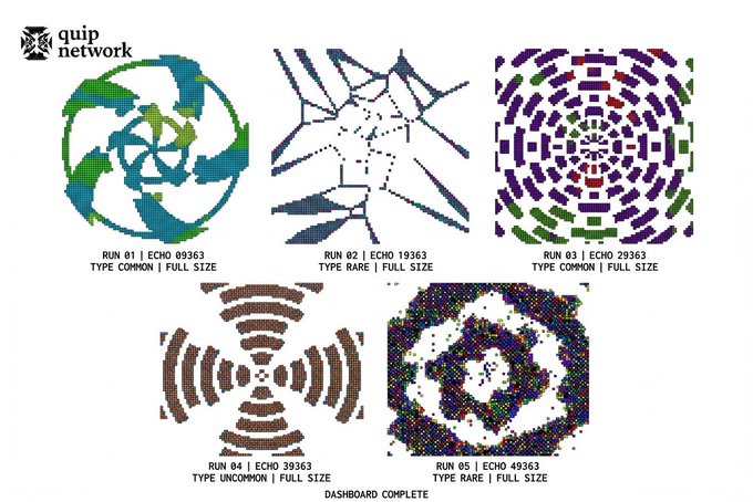 A dashboard from quip network displays five unique "Quantum Echoes" data visualizations labeled RUN 01 through RUN 05 (ECHO 09363 to 49363), categorized by types Common, Rare, and Uncommon, suggesting the network is exploring how blockchain infrastructure can leverage diverse compute capabilities to generate varied cryptographic outputs.

The image relates to the post by illustrating quip network's experimental dashboard showcasing different "echo" patterns, reinforcing the author's interest in how blockchain can utilize varied compute types to produce distinct, verifiable results beyond standard consensus.