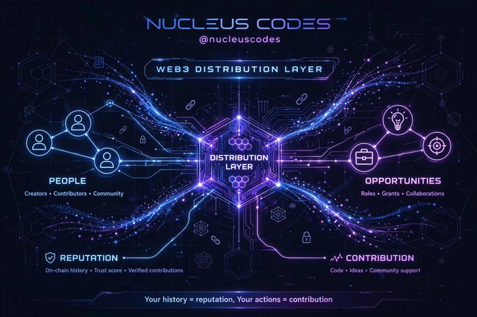 A futuristic digital infographic titled 'NUCLEUS CODES @nucleuscodes' depicting a 'WEB3 DISTRIBUTION LAYER' that connects 'PEOPLE' (Creators, Contributors, Community) with 'OPPORTUNITIES' (Roles, Grants, Collaborations) through 'REPUTATION' and 'CONTRIBUTION', concluding with the tagline 'Your history = reputation, Your actions = contribution'.