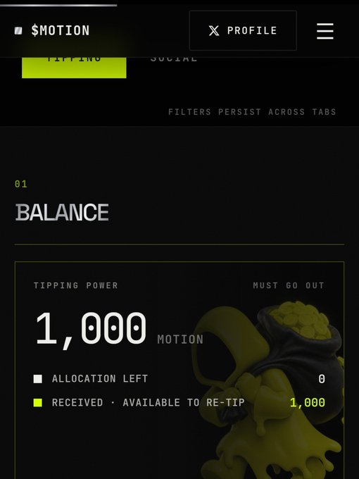 A screenshot of a $MOTION profile page showing a "Balance" section with 1,000 MOTON in tipping power and 1,000 "Received • Available to Re-Tip," supporting the post's celebration of giving a 1,000 tip and inviting the next recipient.